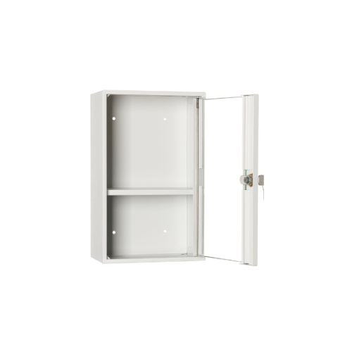 Otwarta przeszklona apteczka metalowa AP 1/S LEOMAR– mała, zamykana na klucz