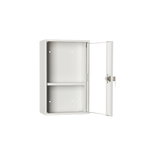 Otwarta przeszklona apteczka metalowa AP 1/S LEOMAR– mała, zamykana na klucz